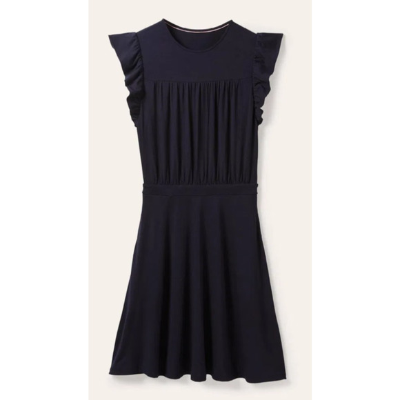 Boden Navy Ruffle Sleeve Pleated Preppy Classic Coquette Viscose Mini Dress 12 - Picture 1 of 11